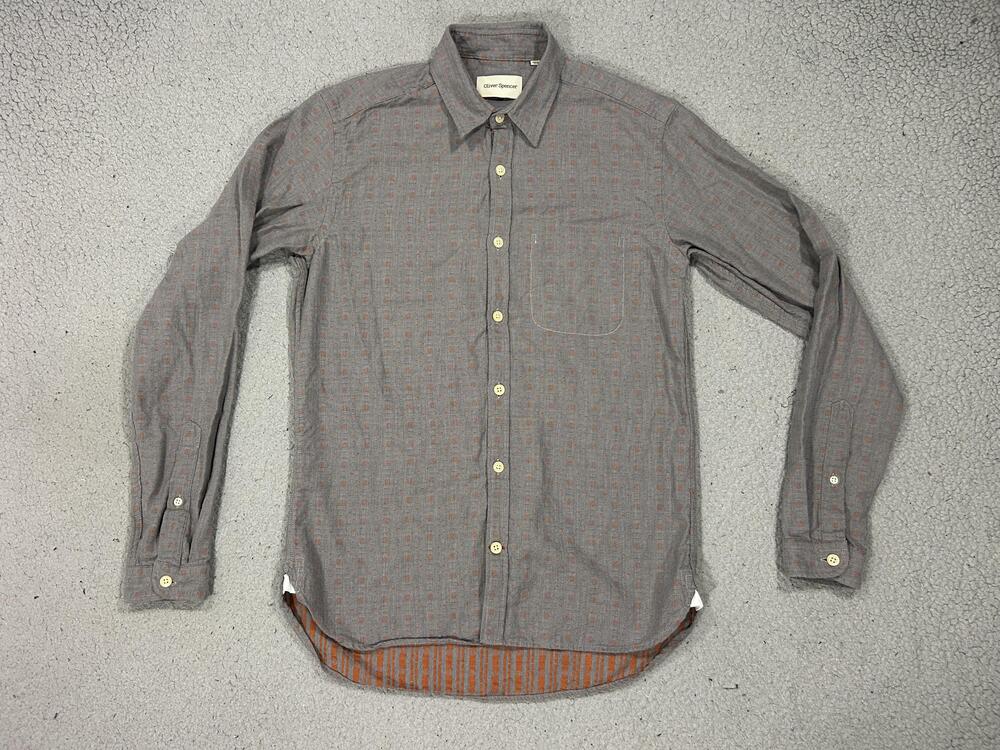 Oliver Spencer Shirt Mens Small Gray Geometric Cotton Twill Button Up Portugal